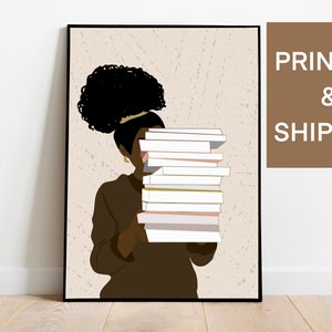 Black Woman Reading Books Wall Art, Black Girl Art Print, African American Woman Art, Woman Illustration, Afro Art