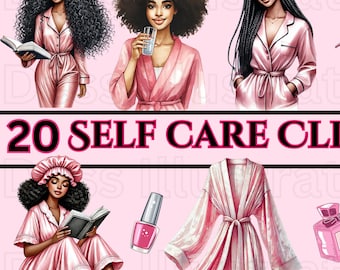 20 African American Woman Self-Care Clipart, Planner Stickers, Self-Care Clipart, Black Girl, Watercolor Black Girl ClipArt, Beauty Clip Art