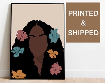 Arte floral de mujer negra, impresión de arte negro, arte de pared negro, arte de pared de niña negra, niña de flores, arte de pared de flores