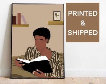 Mujer negra leyendo arte, impreso y enviado, arte afroamericano, impresión de mujer boho, arte amante de los libros, arte femenino, arte de pared, impresión de niña negra