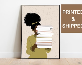 Black Woman Reading Books Wall Art, Black Girl Art Print, African American Woman Art, Woman Illustration, Afro Art