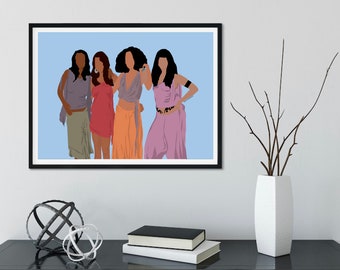 Könnte beinhalten: Eine digitale Illustration von vier Frauen, die zusammen stehen. Sie tragen alle verschiedene farbenfrohe Outfits und haben dunkles Haar. Der Hintergrund ist hellblau.