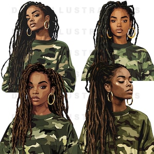 4 Dread Loc Black Women PNG Art,  Digital Download, Melanin Black Girl, African American Clipart, High Quality