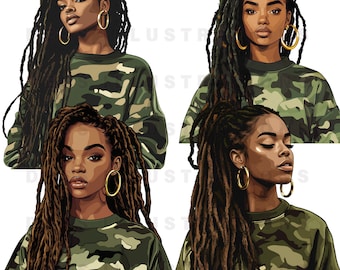 4 Dread Loc Mujeres Negras PNG Arte, Descarga Digital, Chica Negra Melaninizada, Clipart Afroamericano, Alta Calidad
