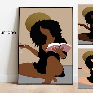 Woman Reading Art, Digital Download, Drinking Wine art, Woman Illustration, Book Lover Art, Female Art, Wall Art, Woman print