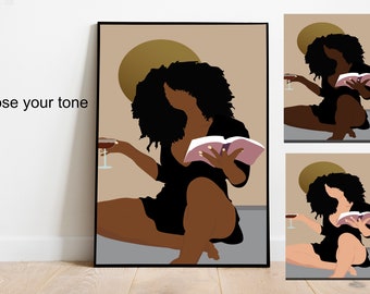 Woman Reading Art, Digital Download, Drinking Wine art, Woman Illustration, Book Lover Art, Female Art, Wall Art, Woman print