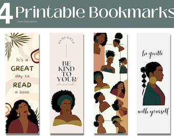 Puede incluir: Cuatro marcadores imprimibles con ilustraciones. Los marcadores presentan imágenes de mujeres negras con varios peinados y citas inspiradoras como "Es un gran día para leer un libro" y "Sé amable contigo mismo."
