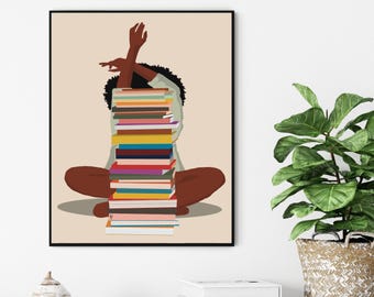 Black Woman Reading Art, Digital Download, Afro American art, Boho Woman print, Book Lover Art, Female Art,  Wall Art, Black girl print