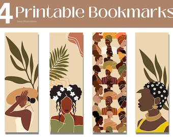 Puede incluir: Conjunto de cuatro marcapáginas imprimibles con ilustraciones de mujeres negras con detalles florales y elementos naturales. Los marcapáginas son de estilo minimalista con un fondo beige.