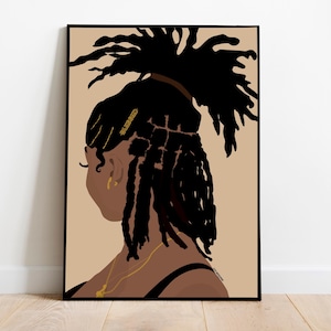 Op de afbeelding: Een digitale illustratie van een persoon met donkerbruine huid en zwarte dreadlocks die in een hoge paardenstaart zijn gestyled. De persoon draagt gouden sieraden en een zwart tanktop.