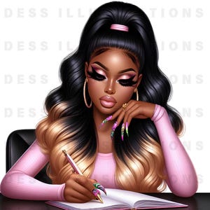 Donne nere sedute alla scrivania PNG Art, download digitale, Girl Boss PNG, Clipart afroamericane, Clipart di alta qualità,