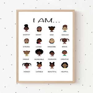 Affirmations Print For Black Girls, Kids Affirmations Print, I am print, Daily Positive Motivational Wall Art, Kids Playroom Art, Black Girl