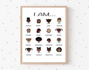 Affirmations Print For Black Girls, Kids Affirmations Print, I am print, Daily Positive Motivational Wall Art, Kids Playroom Art, Black Girl