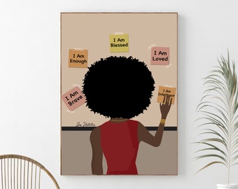 Arte de afirmación de la mujer negra, arte mural imprimible, ilustración de mujeres, arte mural negro, arte mural de mujeres negras, arte afro, minimalista