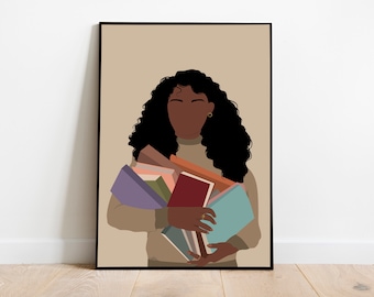 Black Woman Reading Art, Digital Download, Afro American art, Boho Woman print, Book Lover Art, Female Art,  Wall Art, Black girl print