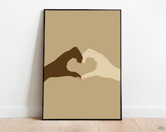 Arte de pared de pareja interracial con corazones y manos, arte de pared imprimible, arte de dormitorio de amor negro, decoración minimalista de habitación, arte digital