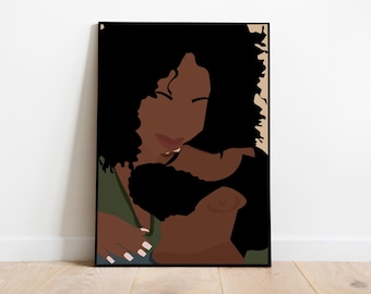 May include: A framed art print featuring a minimalist illustration of a person embracing a child. The artwork uses a palette of brown, black, and green, with a beige background. The figures have dark skin and black hair.
