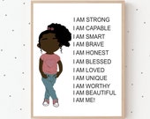 Affirmations Print For Black Girls, Kids Affirmations Print, I am print, Daily Positive Motivational Wall Art, Kids Playroom Art, Black Girl