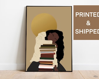 Arte de leitura de mulher negra, impressa e enviada, arte afro-americana, estampa de mulher boho, arte de amante de livros, arte feminina, arte de parede, estampa de menina negra