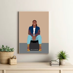 May include: Digital illustration of a woman with dark skin wearing a blue jacket with a purple and gold pattern, light blue jeans, and gold heels. She is sitting on a black stool with a neutral background. The text "DEBE ILLUSTRATIONS" is at the bottom of the image.