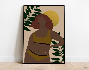 Curvy black woman art, boho wall decor, Instant download, plus size melanin women art, african american art, big girl art, body positive art