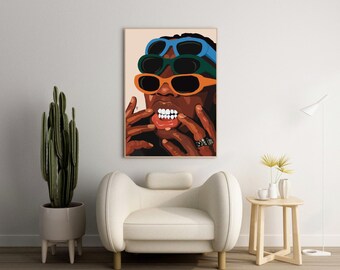 May include: A framed art print featuring a stylized portrait of a person wearing three pairs of sunglasses in blue, green, and orange. The person is touching their mouth and tongue. The artwork is displayed above a white armchair.
