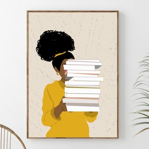 Black Woman Reading Books Wall Art, Black Girl Wearing Yellow , DIGITAL  DOWNLOAD , Book Lover Art, Book Illustration, Afro Art