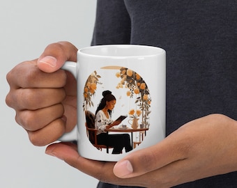 Taza de cerámica con ilustración de una mujer negra leyendo (11 oz, 15 oz, 20 oz)