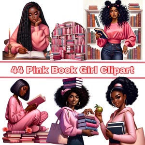 44 Book Lover Clipart, Black Woman Pink Cozy Clipart,  Books Clipart, Cozy Clipart, Melanin Girl, African American Clipart