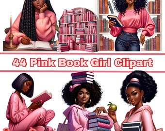 44 Clipart per amanti dei libri, Clipart per donna nera rosa accogliente, Clipart per libri, Clipart accogliente, Ragazza melanina, Clipart afroamericana