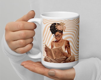 Black Woman Reading Mug, African American Art, Glossy Ceramic Mug