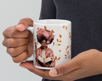 Black Woman Reading Mug, Floral Illustration