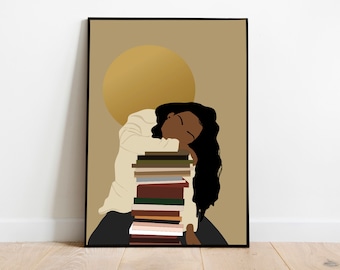 Black Woman Reading Art, Digital Download, Afro American art, Boho Woman print, Book Lover Art, Female Art,  Wall Art, Black girl print