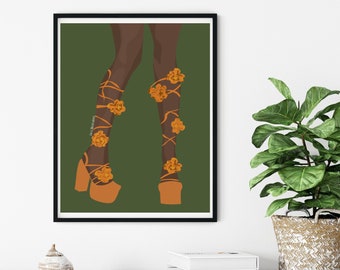 Black Woman Flower Art, Printable Wall Art, Fashion Art Print, Black Wall Art, Black Girl Wall Art, Flower Girl, Flower Wall Art, Shoe Art