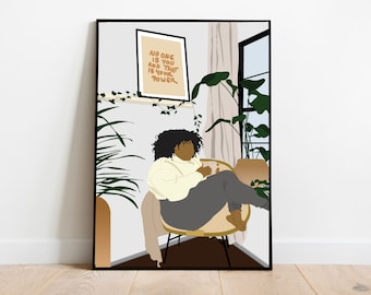 Curvy black woman art, boho wall decor, Instant download, plus size melanin women art, african american art, big girl art, body positive art
