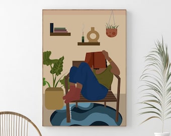 Black Woman Reading Art, Digital Download, Afro American art, Boho Woman print, Book Lover Art, Female Art,  Wall Art, Black girl print