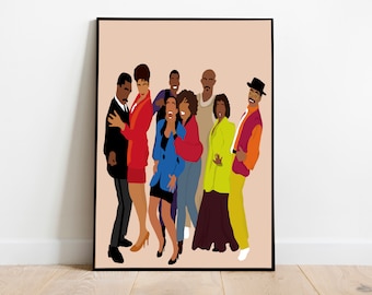 Könnte beinhalten: Eine digitale Illustration einer Gruppe von sieben Personen, die alle unterschiedlich farbige Kleidung tragen. Die Personen stehen in einer Gruppe, wobei die Frau vorne ein rotes Kleid trägt und der Mann hinten einen schwarzen Anzug trägt. Der Hintergrund ist hellbraun.