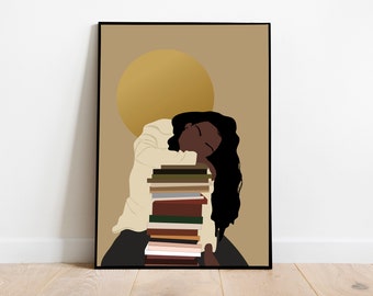 Black Woman Reading Art, Digital Download, Afro American art, Boho Woman print, Book Lover Art, Female Art,  Wall Art, Black girl print