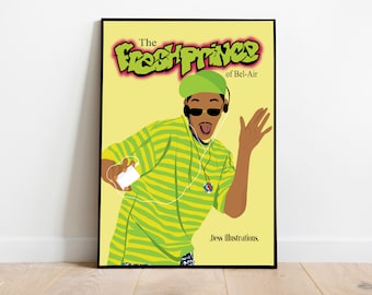 Könnte beinhalten: Ein gelber Poster mit einer grünen und roten Illustration der Worte "The Fresh Prince of Bel-Air". Der Poster zeigt eine Cartoon-Illustration von Will Smith, der ein grün-gelb gestreiftes Hemd, einen grünen Hut, eine Sonnenbrille und Kopfhörer trägt. Der Text "Jess Illustrations" befindet sich am unteren Rand des Posters.