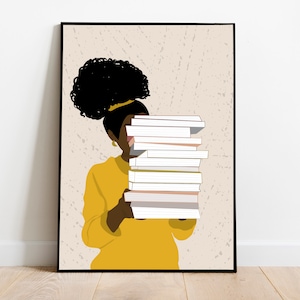 Black Woman Reading Books Wall Art, Black Girl Wearing Yellow, DIGITAL  DOWNLOAD, Book Lover Art, Book Illustration, Afro Art