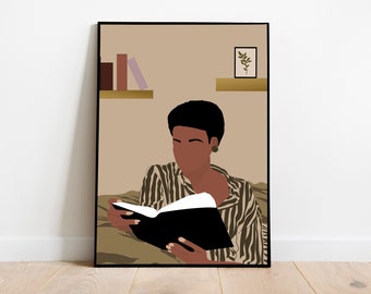 Black Woman Reading Art, Digital Download, Afro American art, Boho Woman print, Book Lover Art, Female Art,  Wall Art, Black girl print