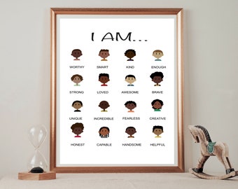 Affirmations Print For Black Boys, Kids Affirmations Print, I am print, Daily Positive Motivational Wall Art, Kids Playroom Art, Black Boys