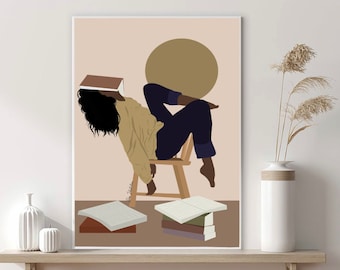 Black Woman Reading Art, Digital Download, Afro American art, Boho Woman print, Book Lover Art, Female Art,  Wall Art, Black girl print