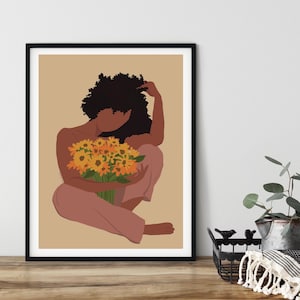 Schwarze Frau Blumen Kunst, druckbare Wandkunst, schwarz Kunstdruck, schwarze Wandkunst, schwarzes Mädchen Wandkunst, Blumenmädchen, Blumen Wandkunst.