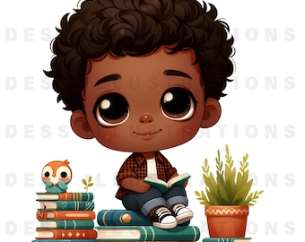 Little Black Boy Sitting On Books PNG Art, Digital Download, African American Child, Children Art, Black Boy Joy, Afro Art,Book Clipart