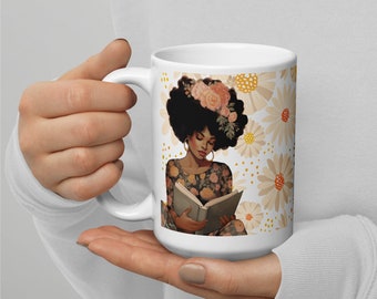Black Woman Reading Mug, Afro Art, Floral Design, Coffee Mug