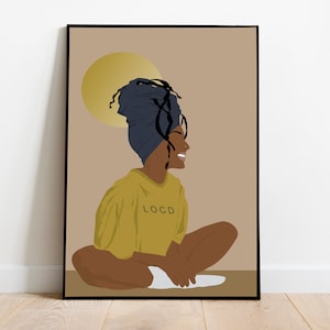 Impression d'art femme noire avec locs, fille noire avec locs, femme avec des dreadlocks, téléchargement numérique, illustration de femme, art afro, locs, dreads