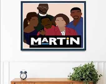 May include: A framed art print featuring a stylized illustration of the cast of the television show "Martin." The artwork displays the show's title in bold white letters with a blue underline. The cast members are depicted in a minimalist style.