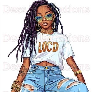 Donne nere con Dread Locs PNG Art, Download digitale, Melanin Black Girl, Clipart afroamericana, Alta qualità, Donne Dread Locs