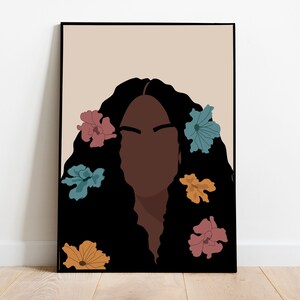 黒人女性の花のアート、印刷可能な壁アート、黒人アートプリント、黒人壁アート、黒人少女壁アート、花の少女、花のウォールアート。